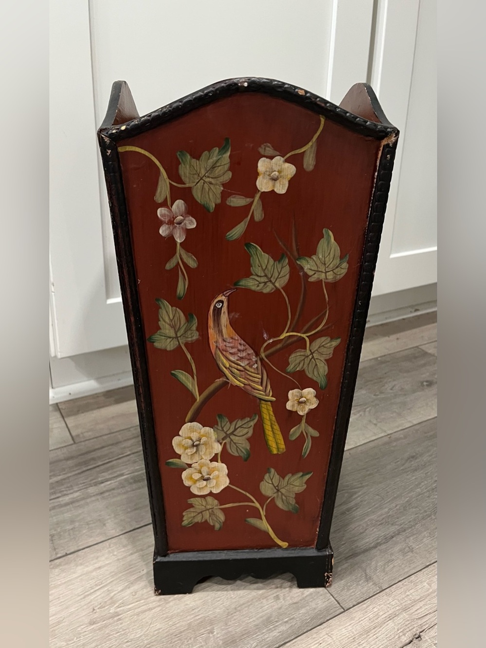 Vintage Wooden Chinoiserie Umbrella Stand Hand-Painted Bird & Floral, Red/Black